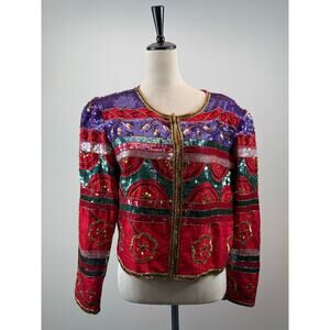 Lawrence Kazar Silk Sequin Jacket Multicolor Beaded XL Vintage Evening Statement